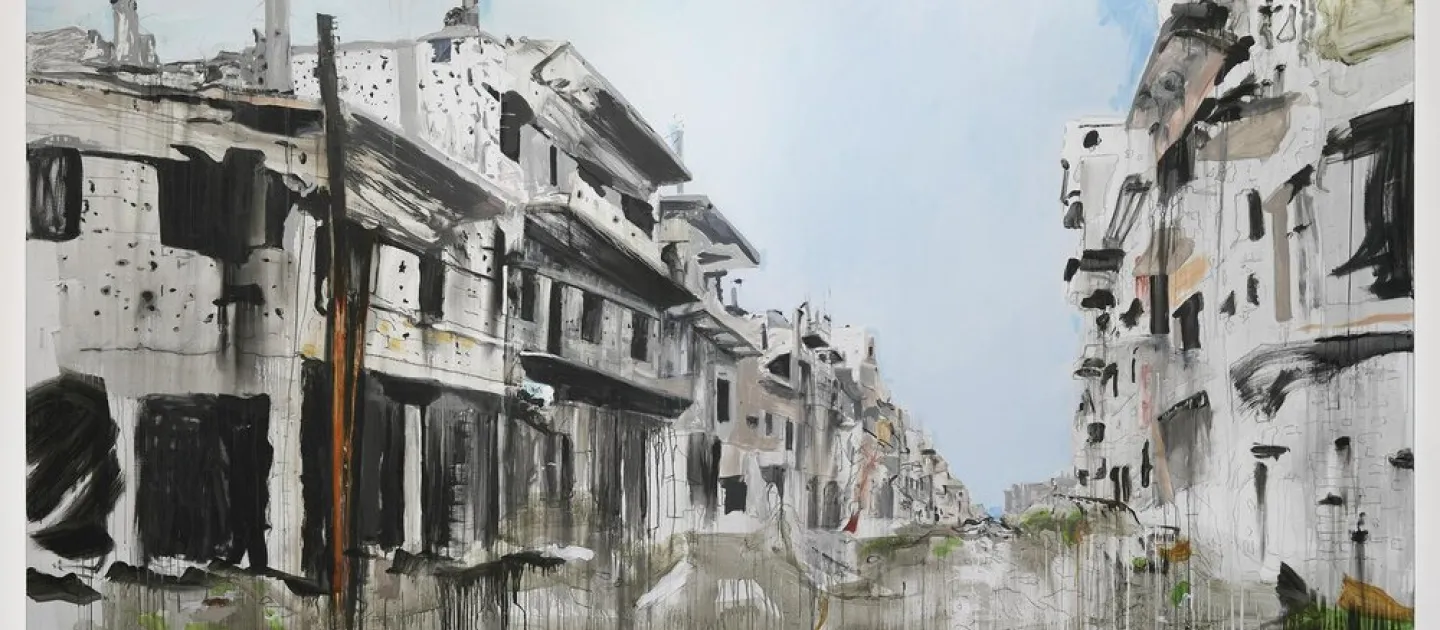 Brian Maguire, Aleppo 4, 2017, acrylic on linen, 200 x 400 cm / 78.7 x 157.5 in