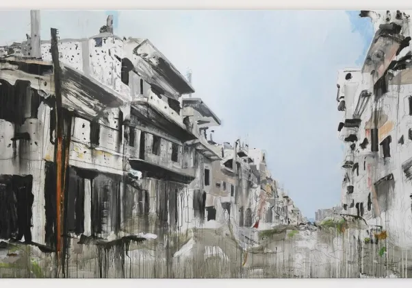 Brian Maguire, Aleppo 4, 2017, acrylic on linen, 200 x 400 cm / 78.7 x 157.5 in
