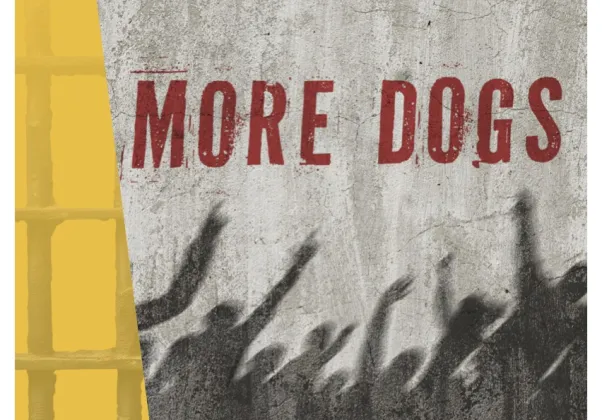 MORE DOGS GMU media poster, shadows of arms raised with MORE DOGS in red text