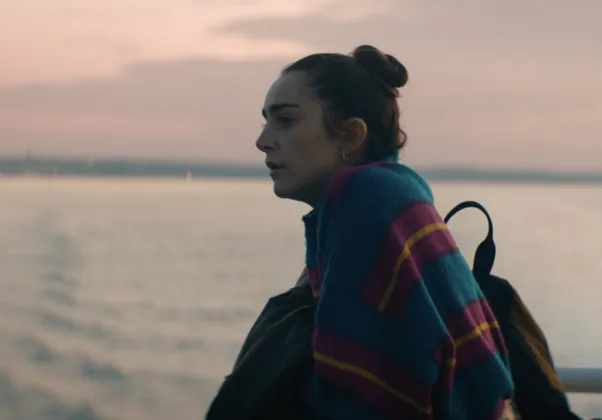 Travel Socks Still (Orla on the ferry profile against a sunset)